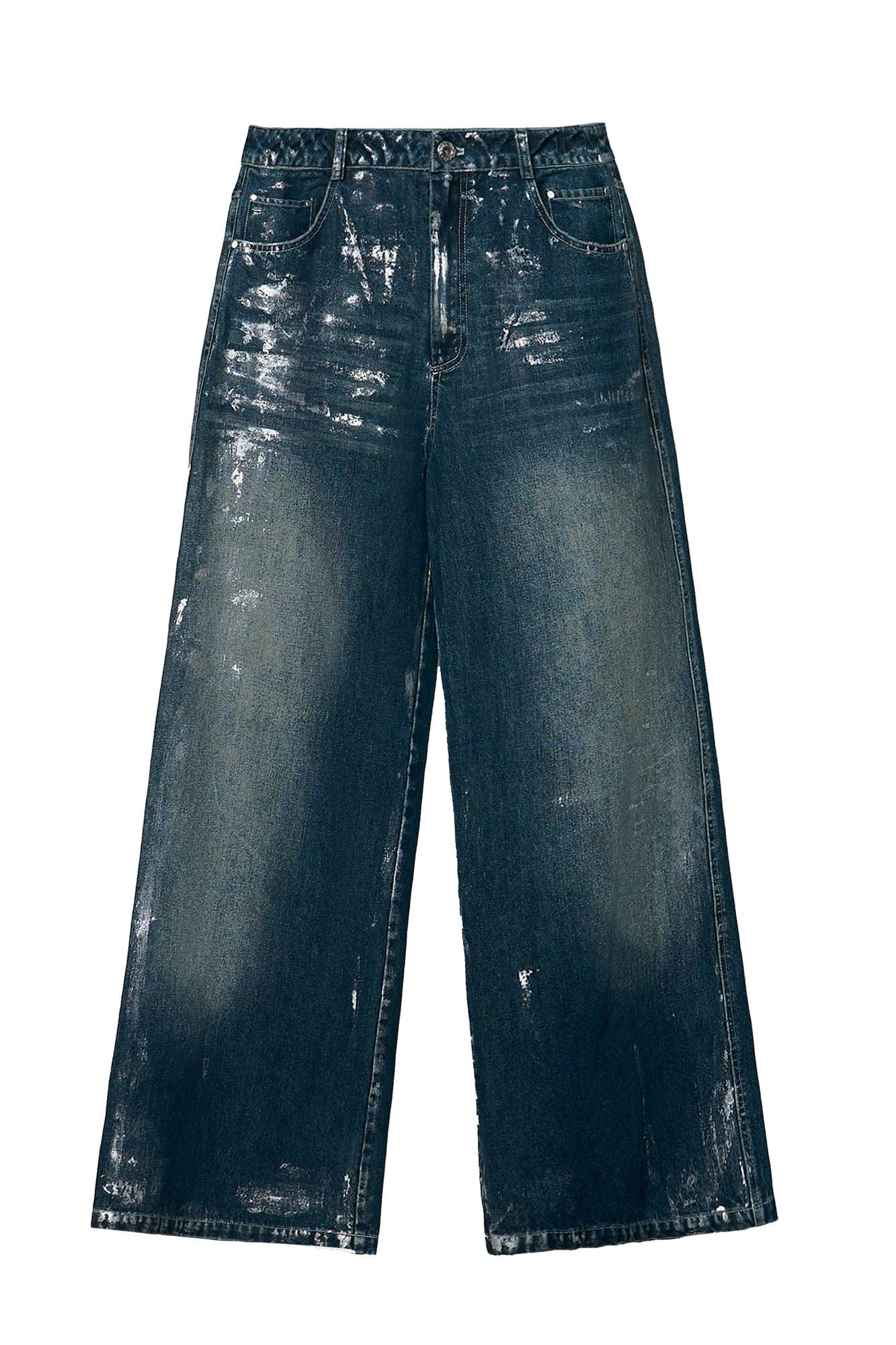 OIPWORD Silver-Brushed Distressed Wide-Leg Jeans