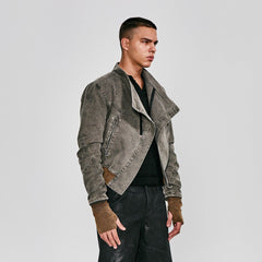 FLYERRER Asymmetrical Distressed Cropped Denim Jacket