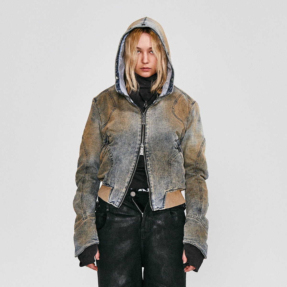 FLYERRER Distressed Spliced Studded Hooded Short Denim Jacket
