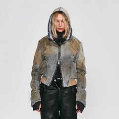 FLYERRER Distressed Spliced Studded Hooded Short Denim Jacket