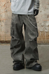 RELABEL Mini Checker Multi-Pocket Strap Pleated Cargo Pants Dark Gray