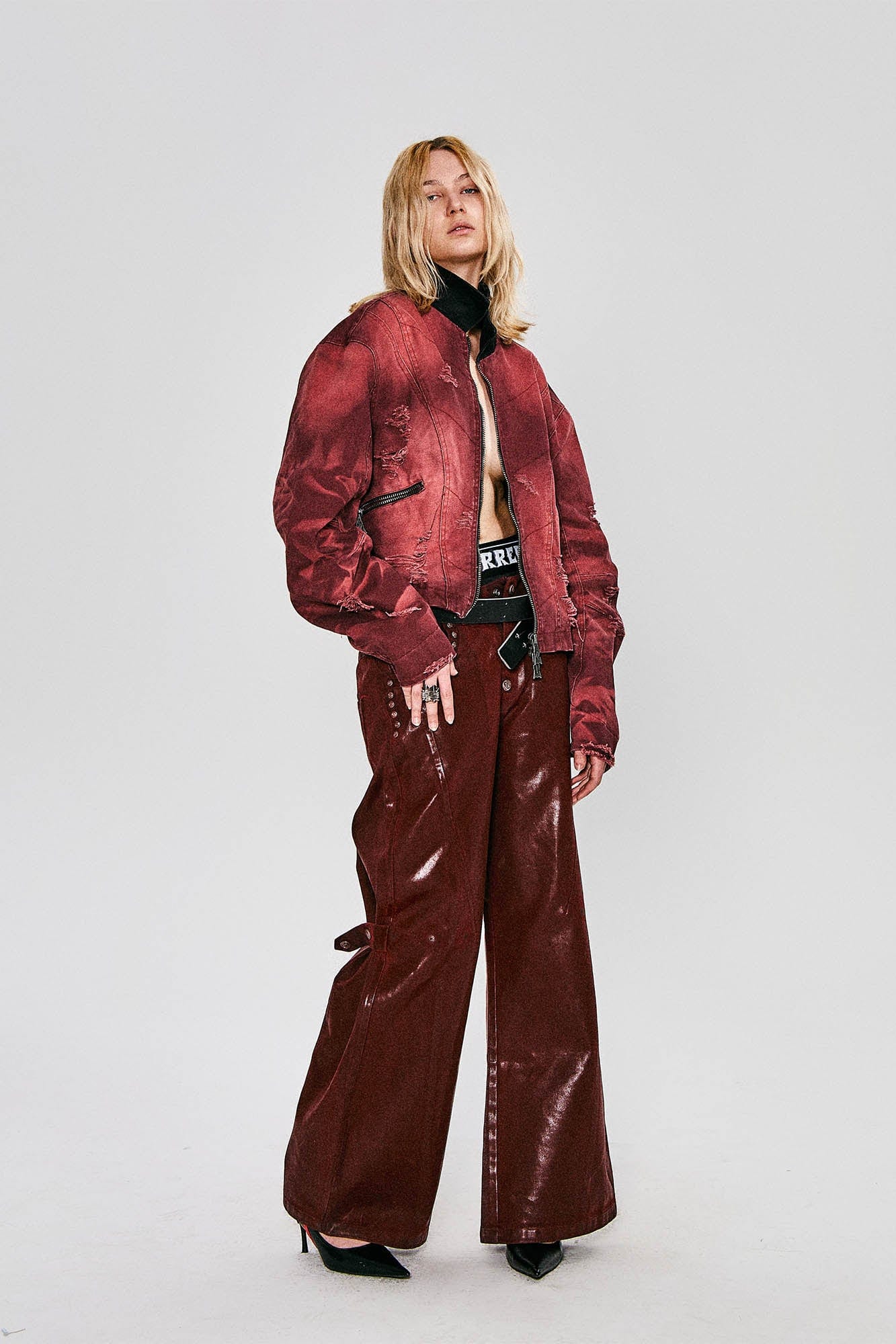 FLYERRER Distressed Curved Spliced Jacket Burgundy