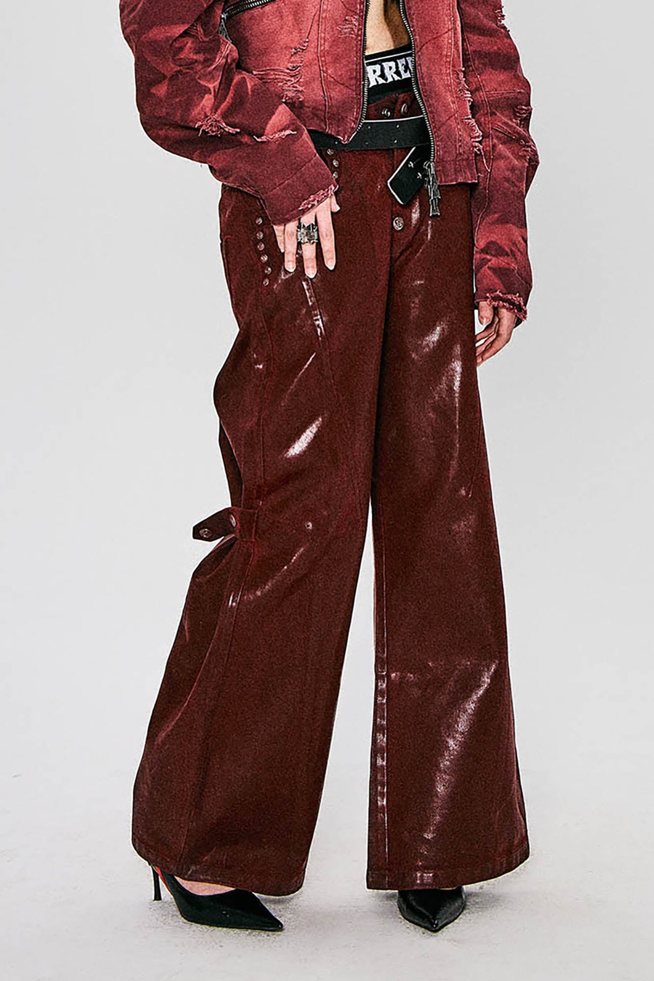 FLYERRER Waxed Spliced Studded Flared Pants