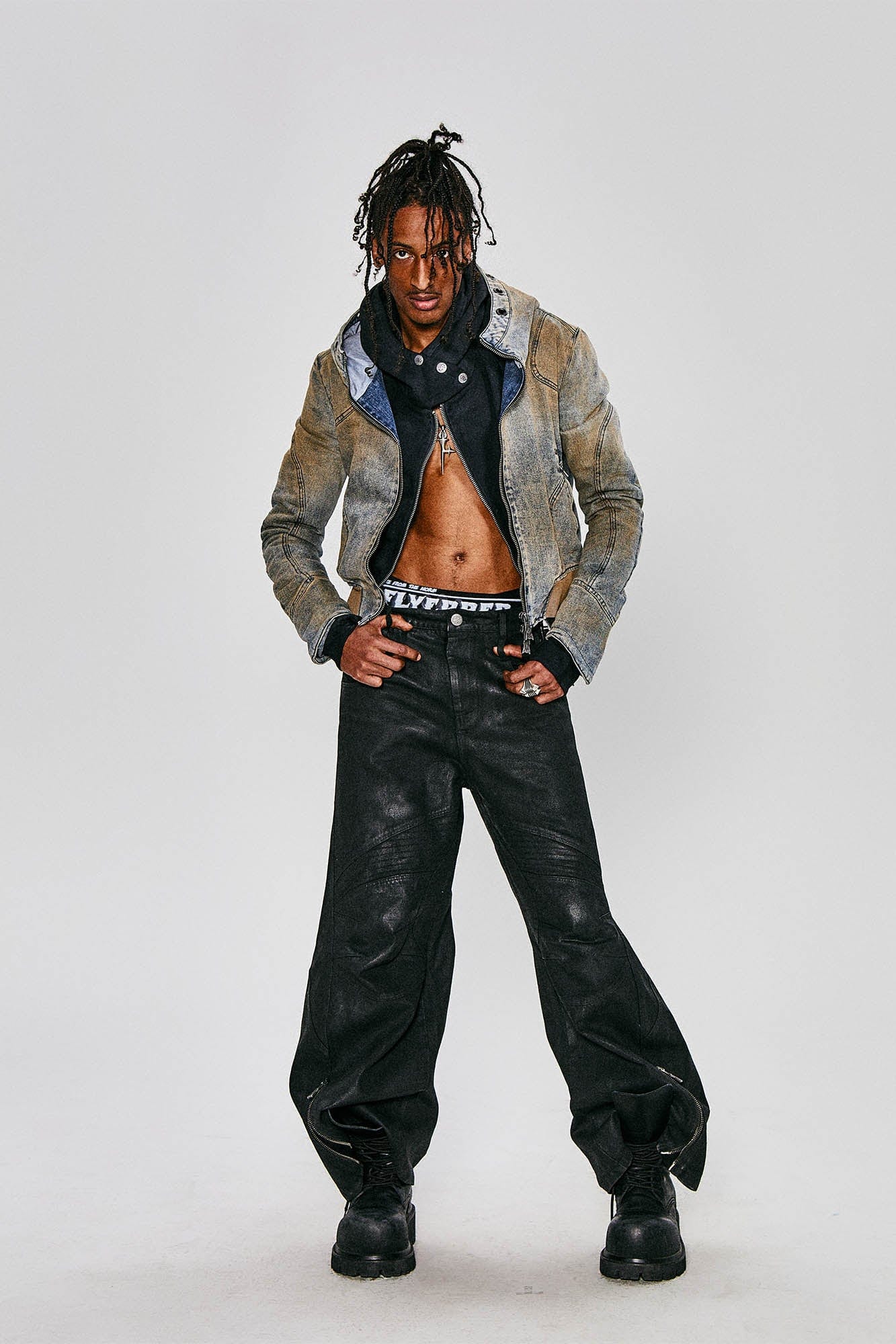 FLYERRER Distressed Spliced Studded Hooded Short Denim Jacket