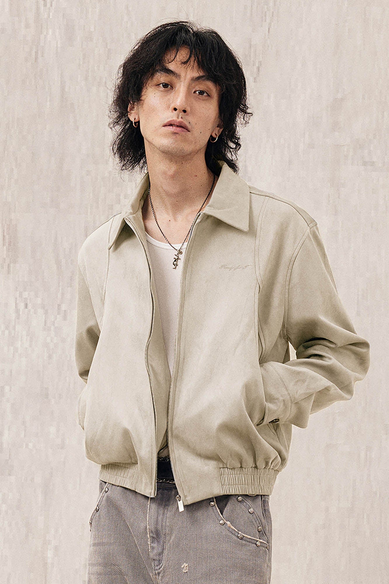 IN EXISTENCE Curved Spliced Smooth Harrington Jacket