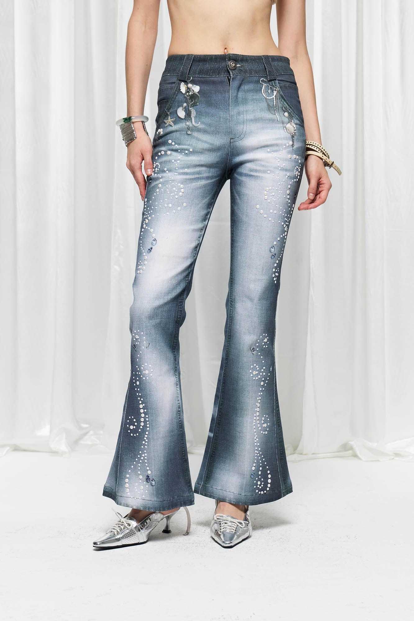 DND4DES×Faychui Swirl Pearl Faded Flared Jeans