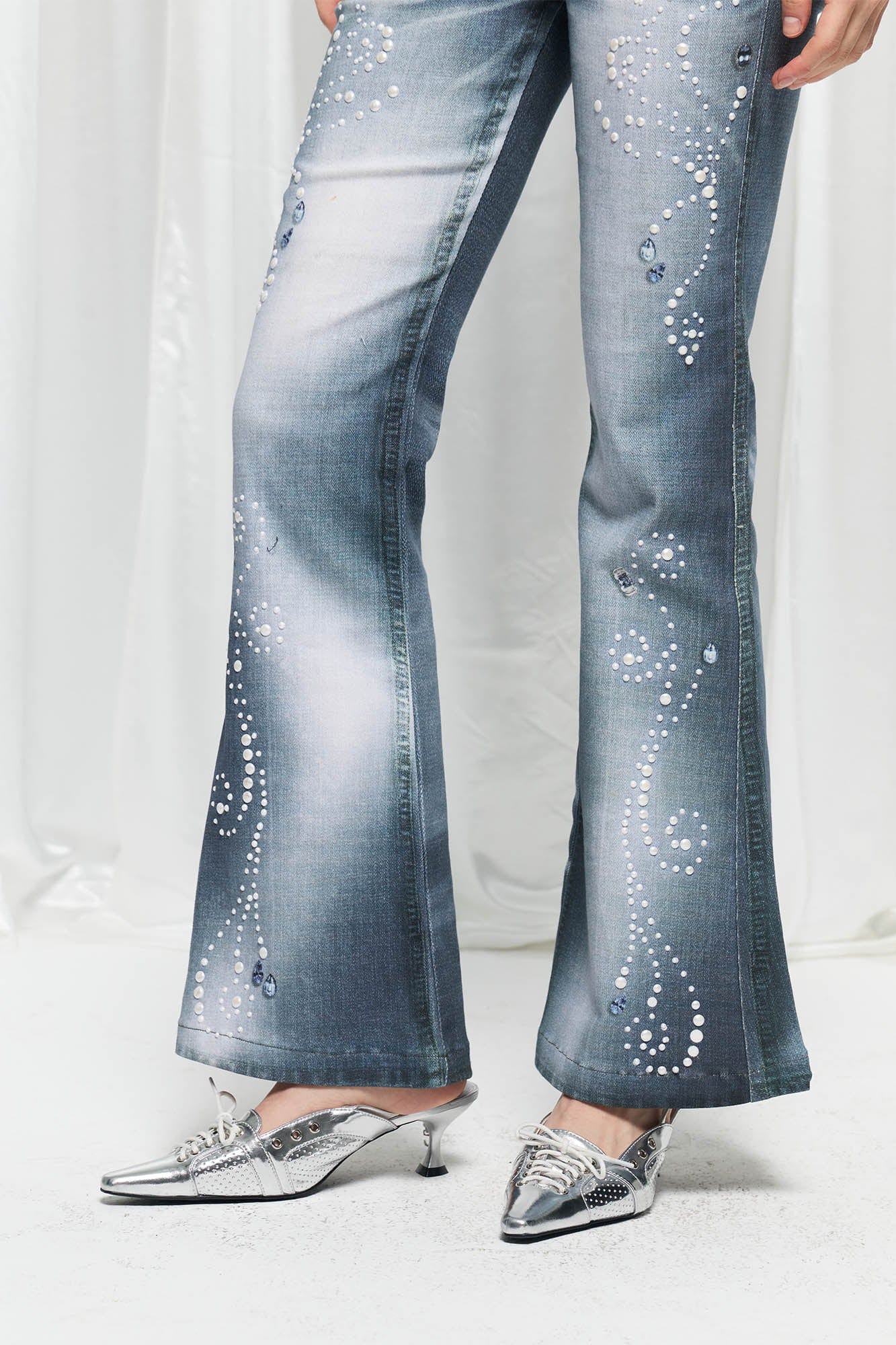 DND4DES×Faychui Swirl Pearl Faded Flared Jeans