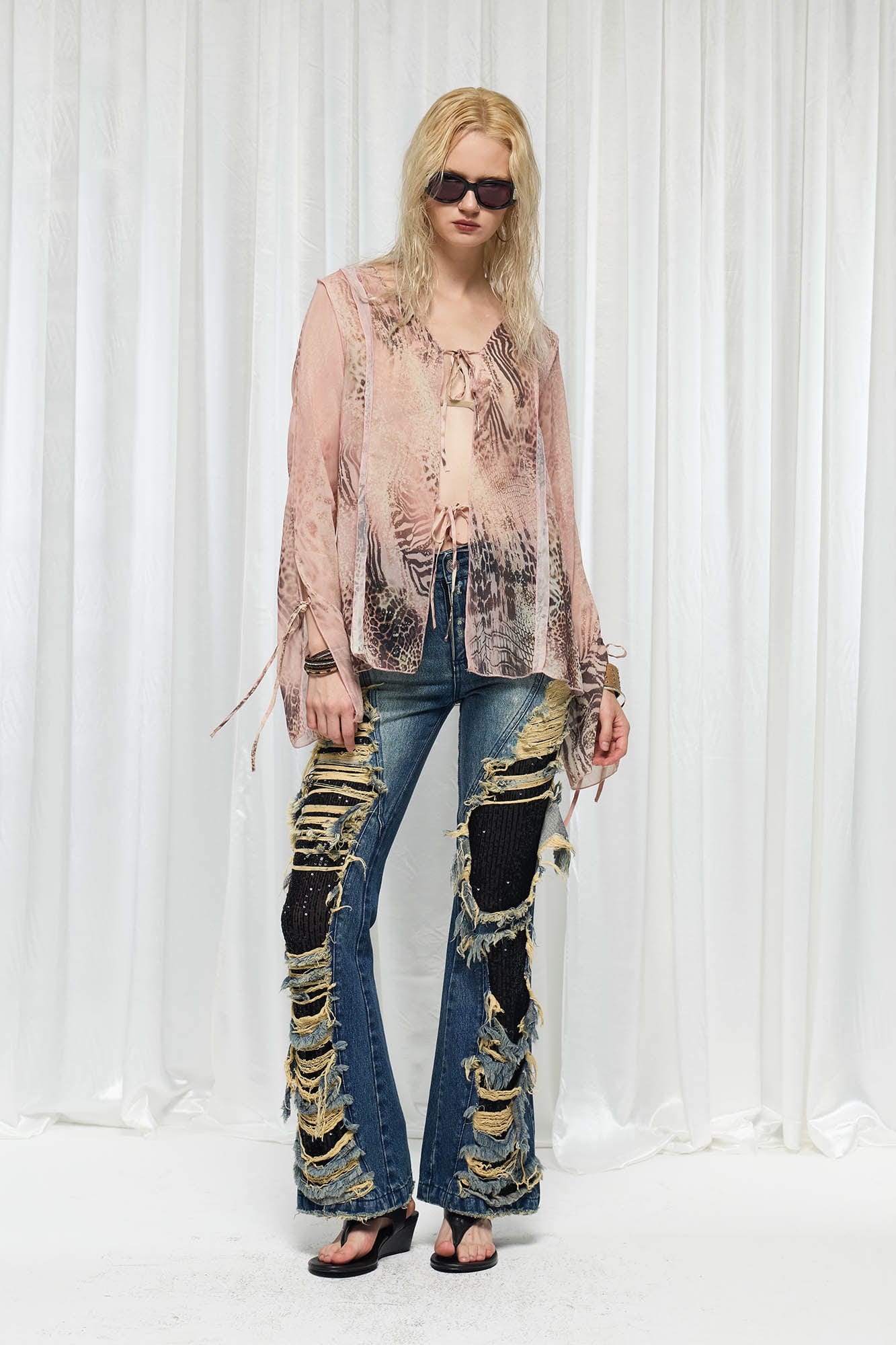 DND4DES×Faychui Grunge Heavy-Distressed Layered Flared Jeans