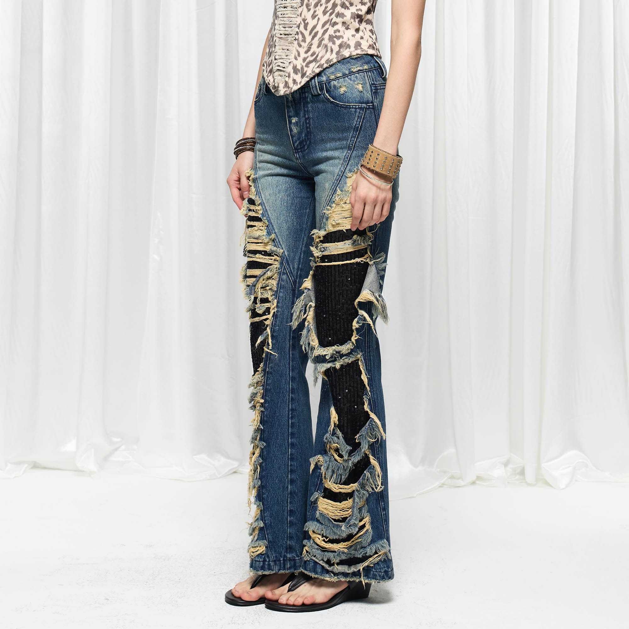 DND4DES×Faychui Grunge Heavy-Distressed Layered Flared Jeans