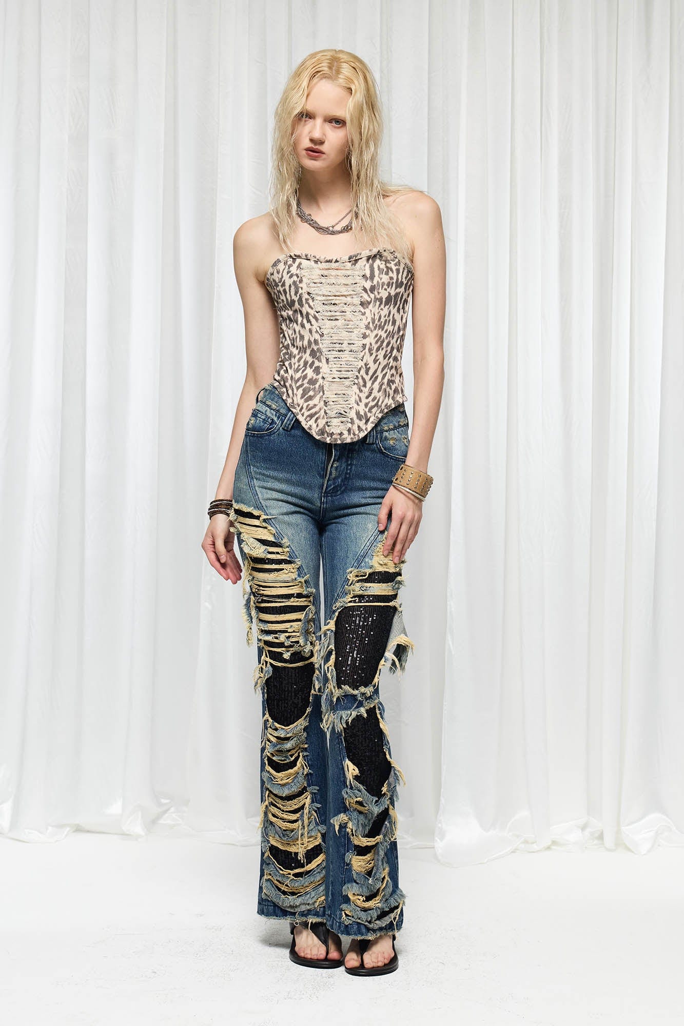 DND4DES×Faychui Grunge Heavy-Distressed Layered Flared Jeans