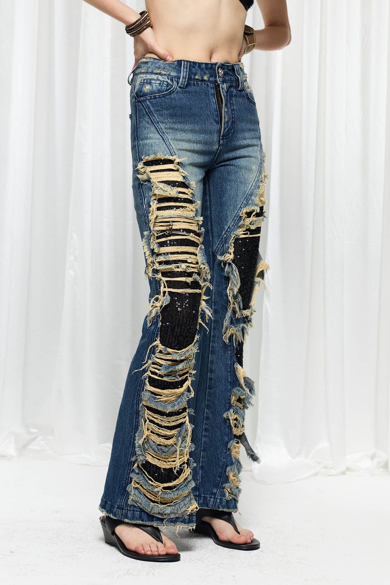 DND4DES×Faychui Grunge Heavy-Distressed Layered Flared Jeans