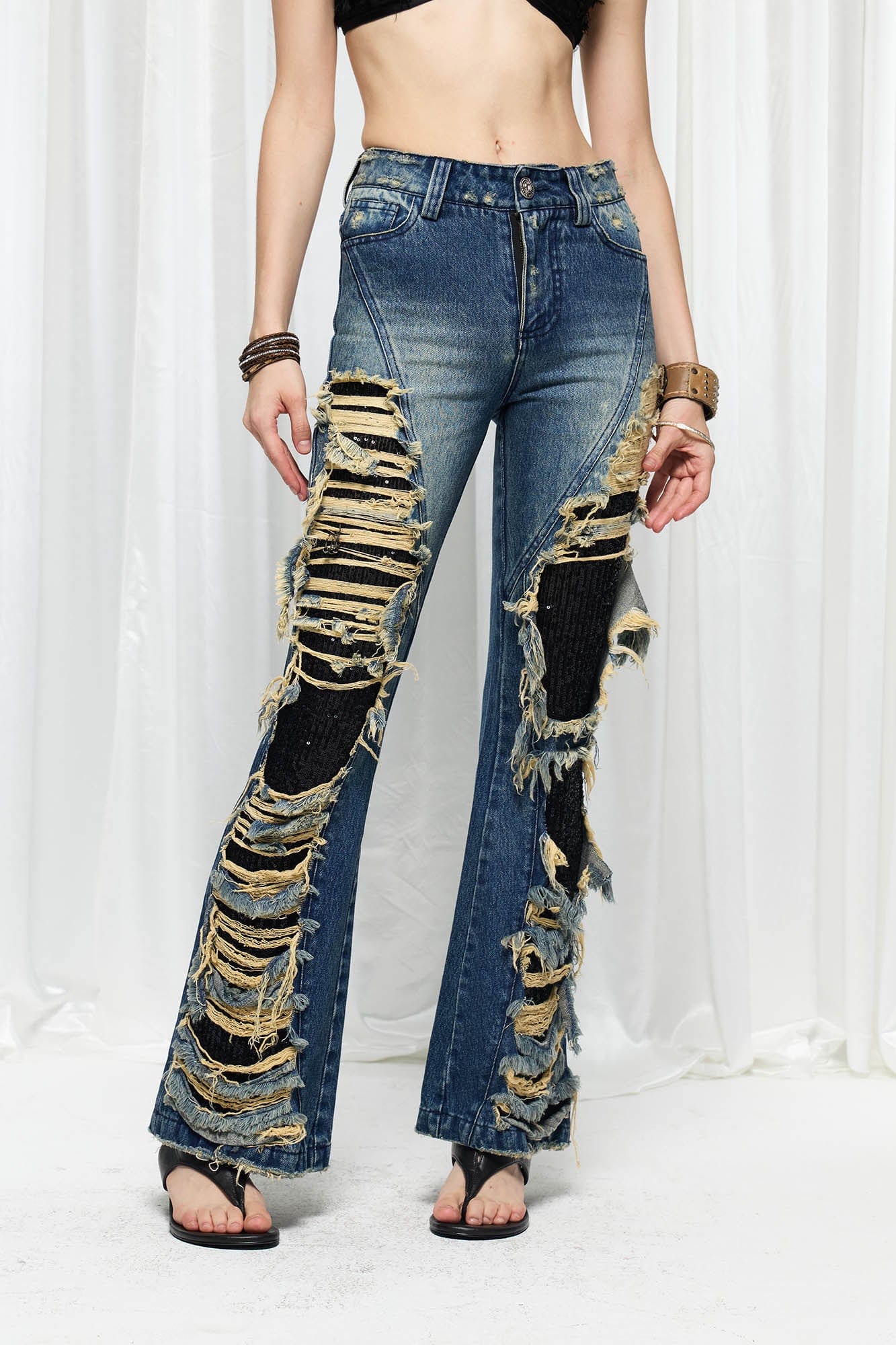 DND4DES×Faychui Grunge Heavy-Distressed Layered Flared Jeans