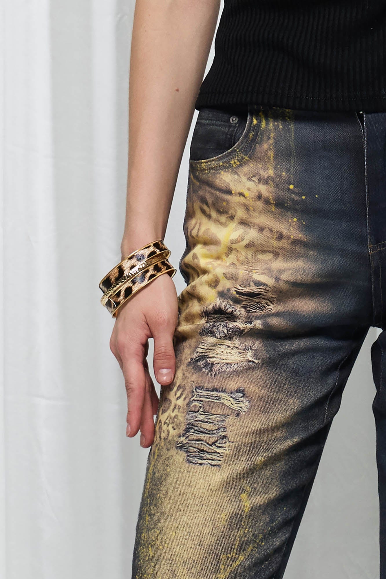 DND4DES×Faychui Distressed Leopard Splattered Flared Jeans