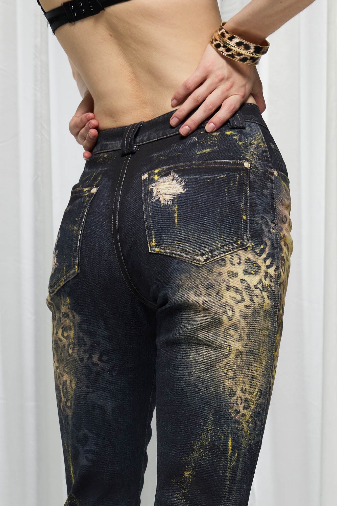 DND4DES×Faychui Distressed Leopard Splattered Flared Jeans