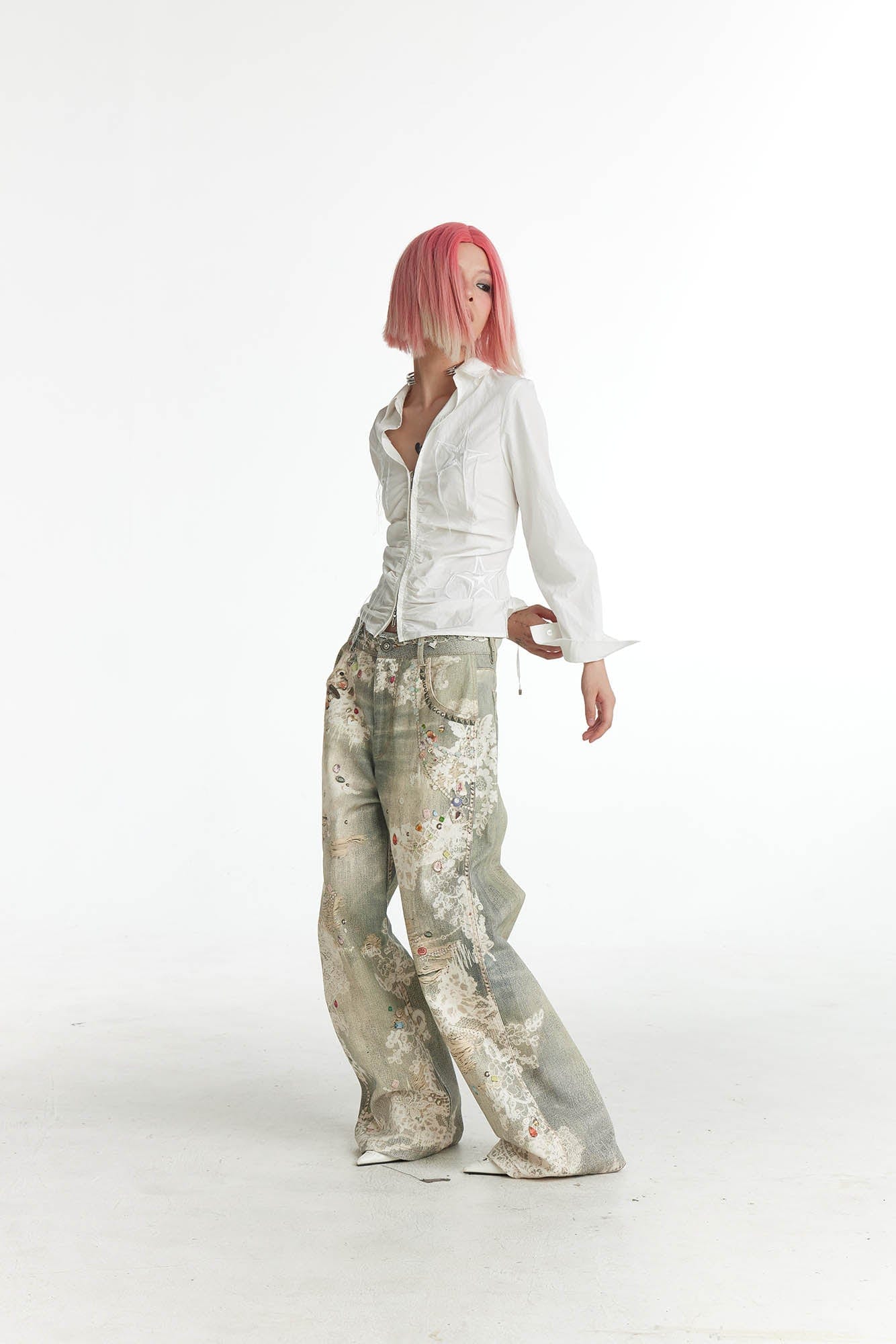DND4DES×Faychui Distressed Gem&Lace Jeans
