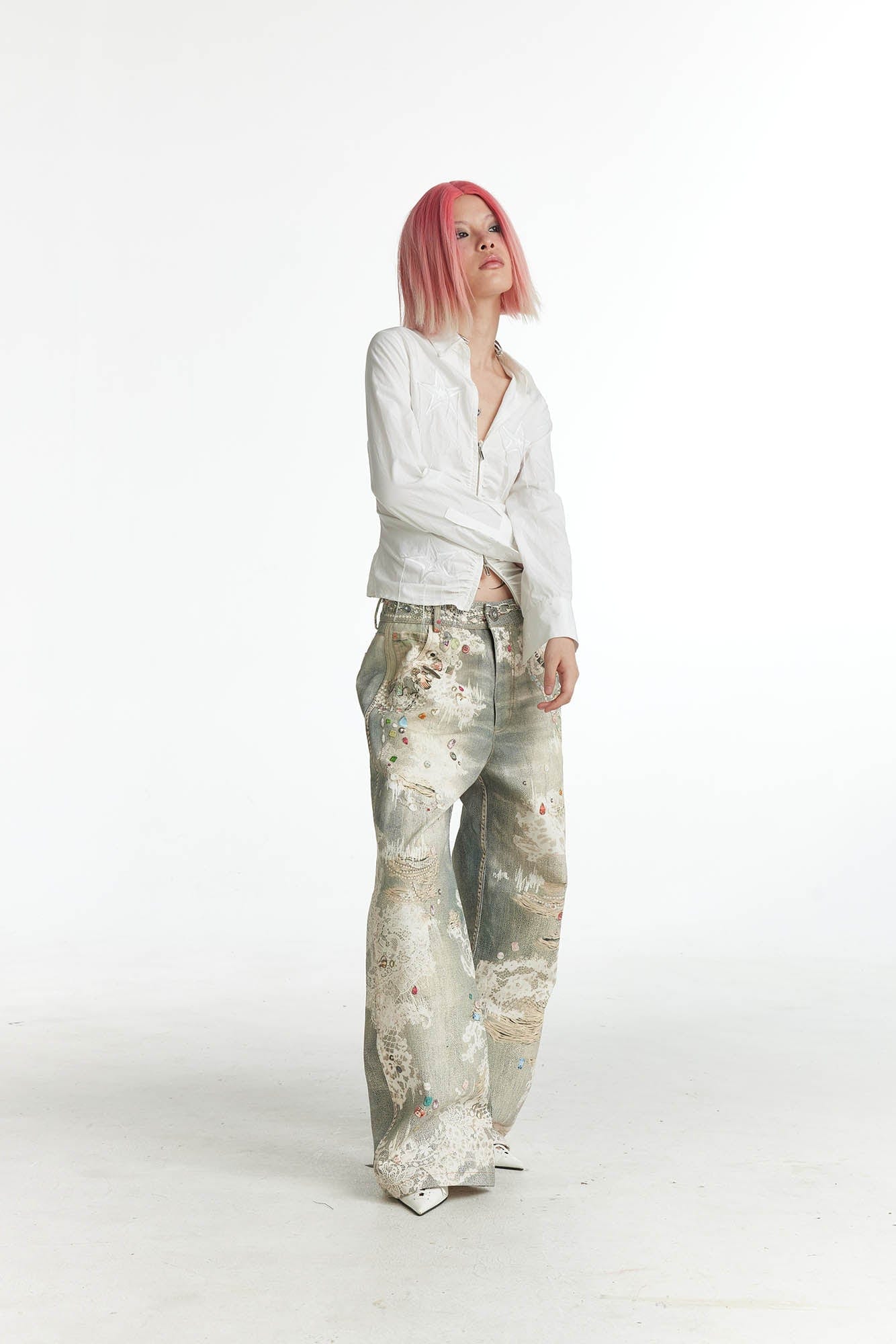DND4DES×Faychui Distressed Gem&Lace Jeans