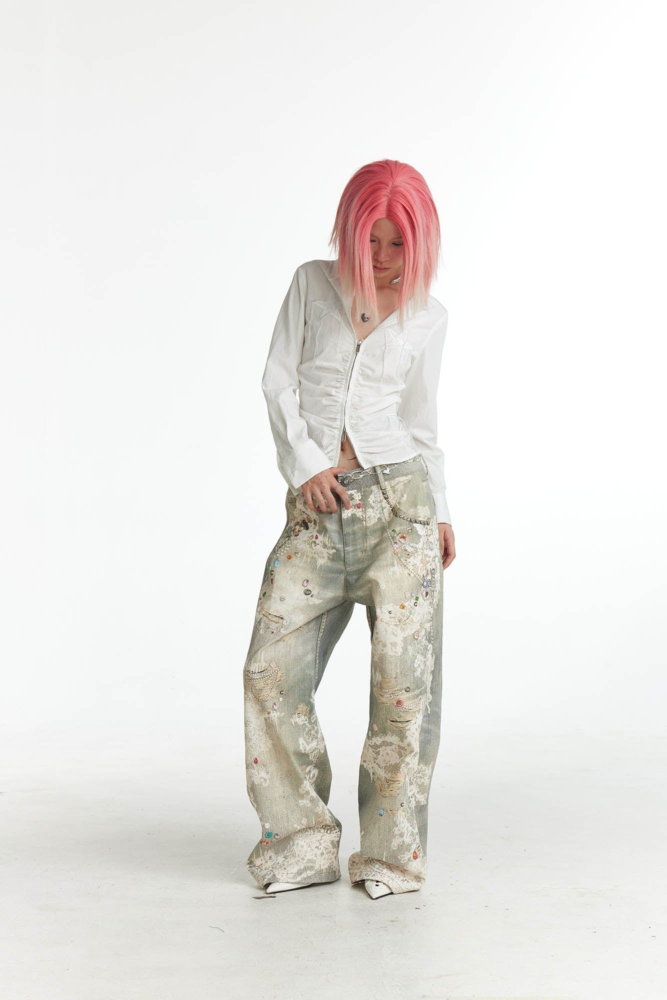 DND4DES×Faychui Distressed Gem&Lace Jeans