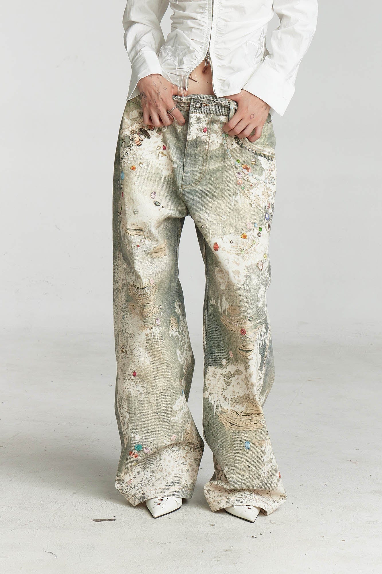 DND4DES×Faychui Distressed Gem&Lace Jeans