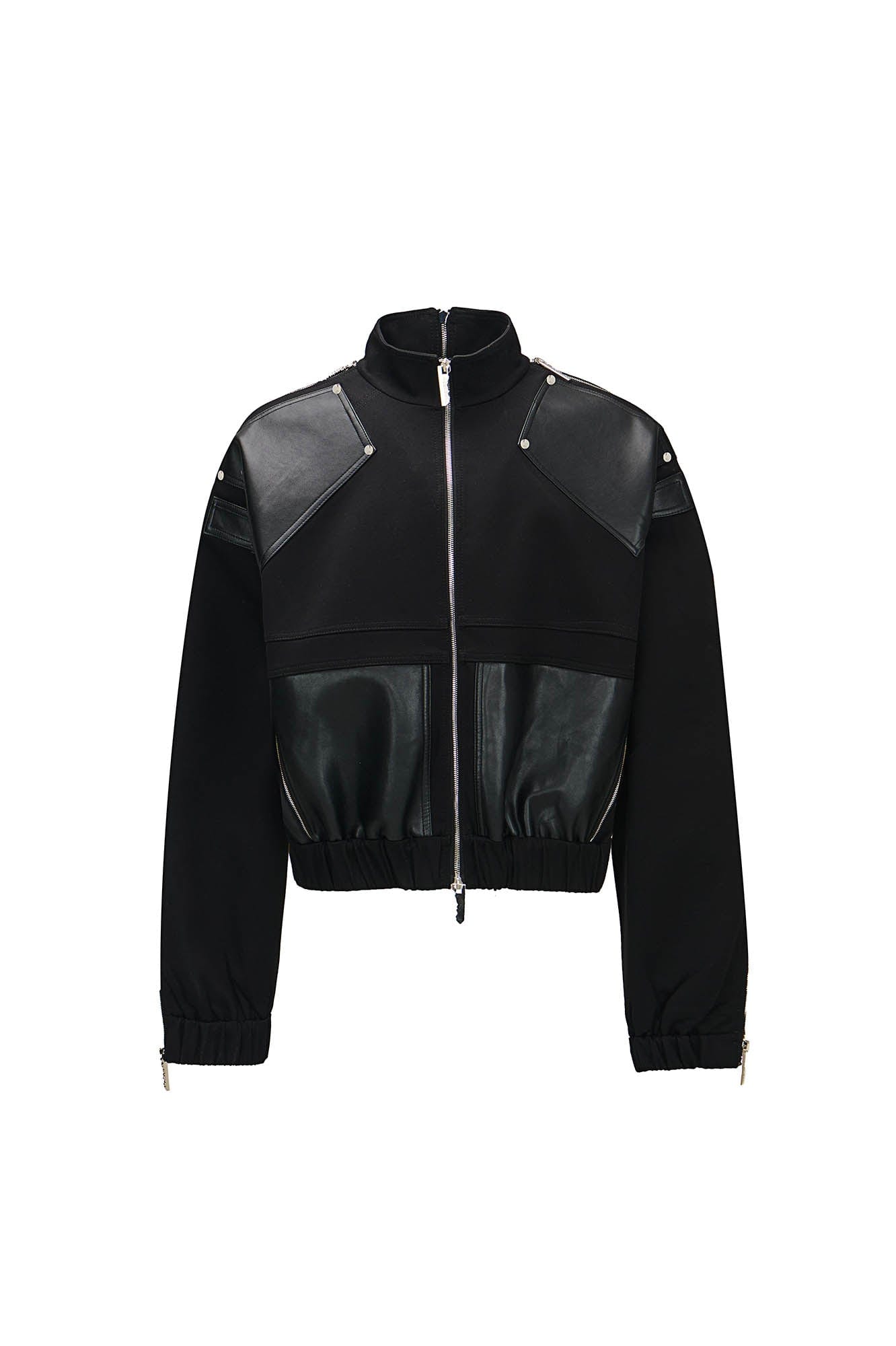 455EMBLE Faux Leather Spliced Multi-Zip Stand Collar Jacket