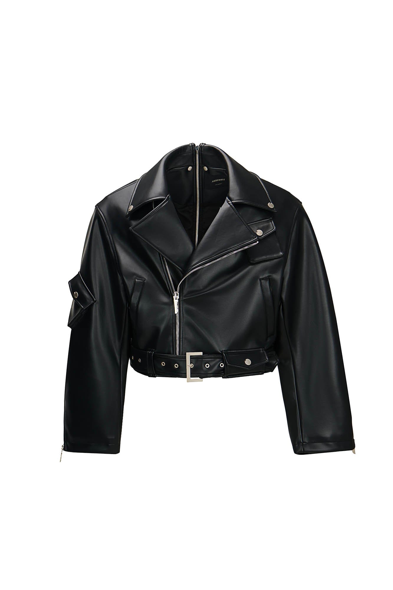 455EMBLE Asymmetrical Back-Zip Cropped PU Biker Jacket