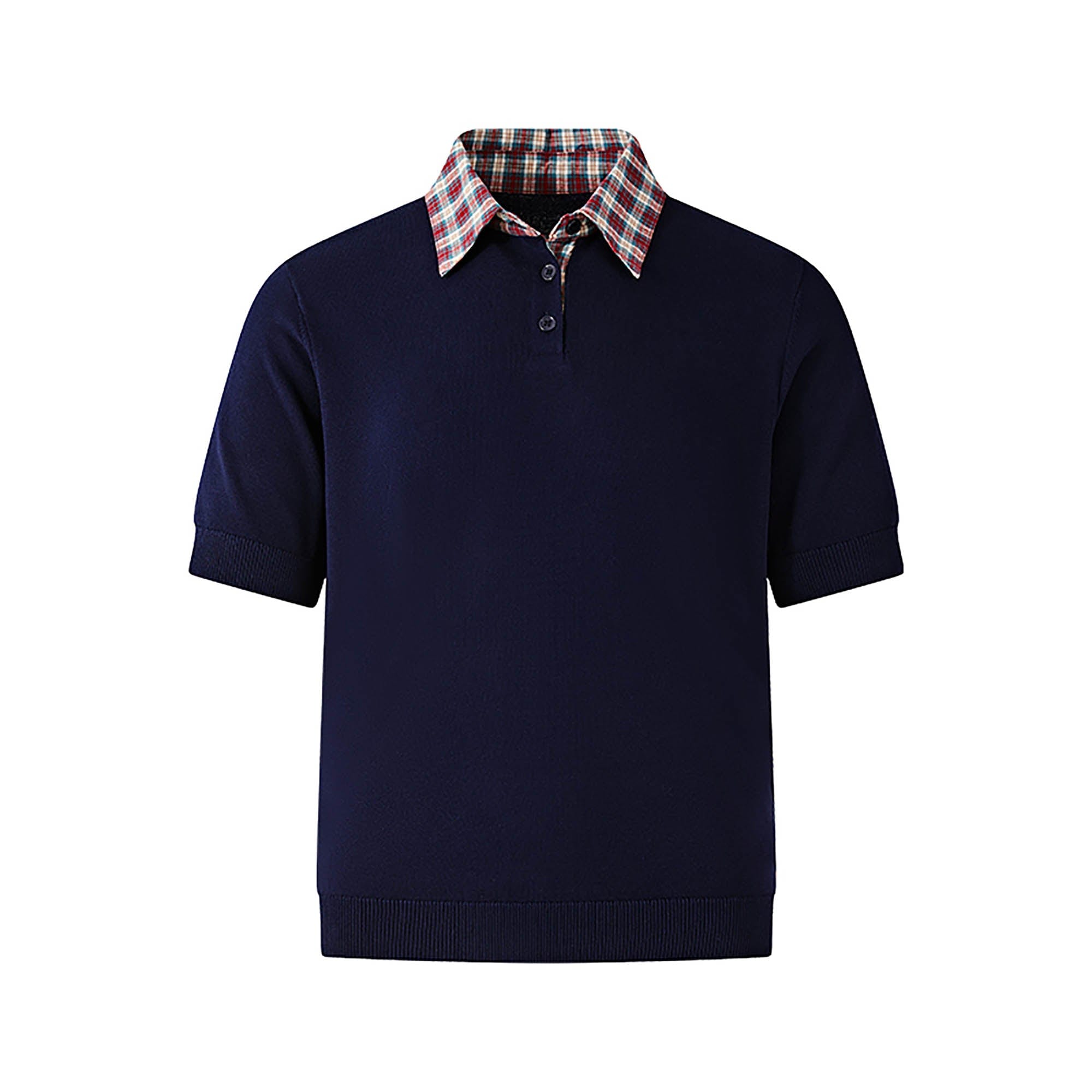 KREATE Preppy Spliced Plaid Collar Knit Polo