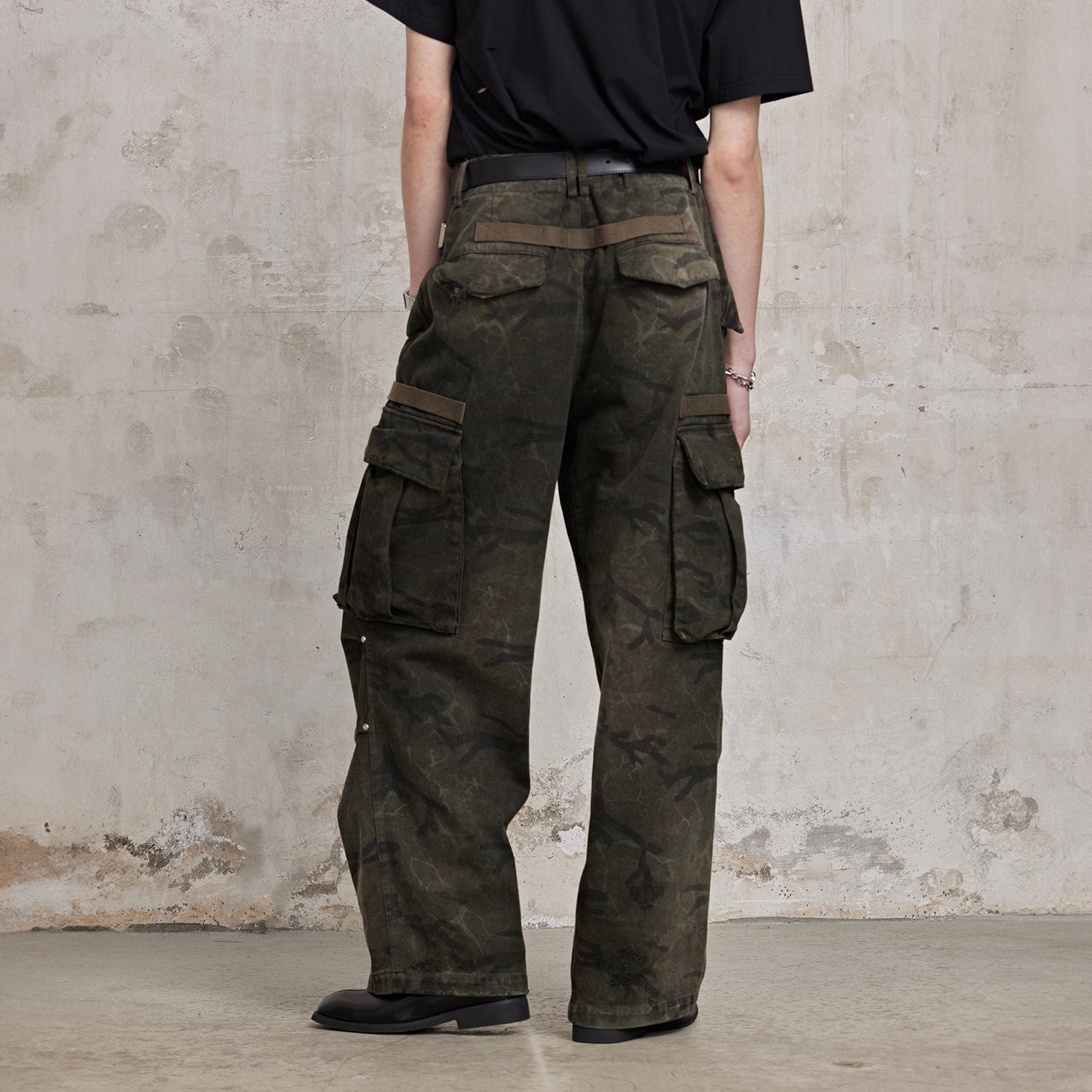 FACEONLAB Distressed Cracked Crinkled Multi-Pocket Military Cargo
