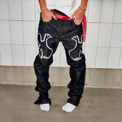 VINKID Peace Dove Embroidery Raw Jeans