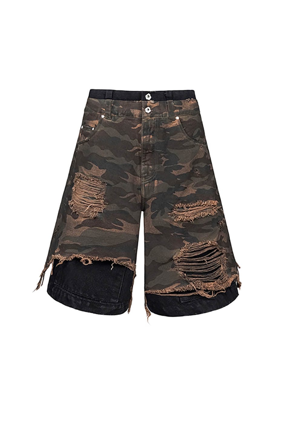 UNDERWATER Double-Layered Ripped Black Shorts Camo