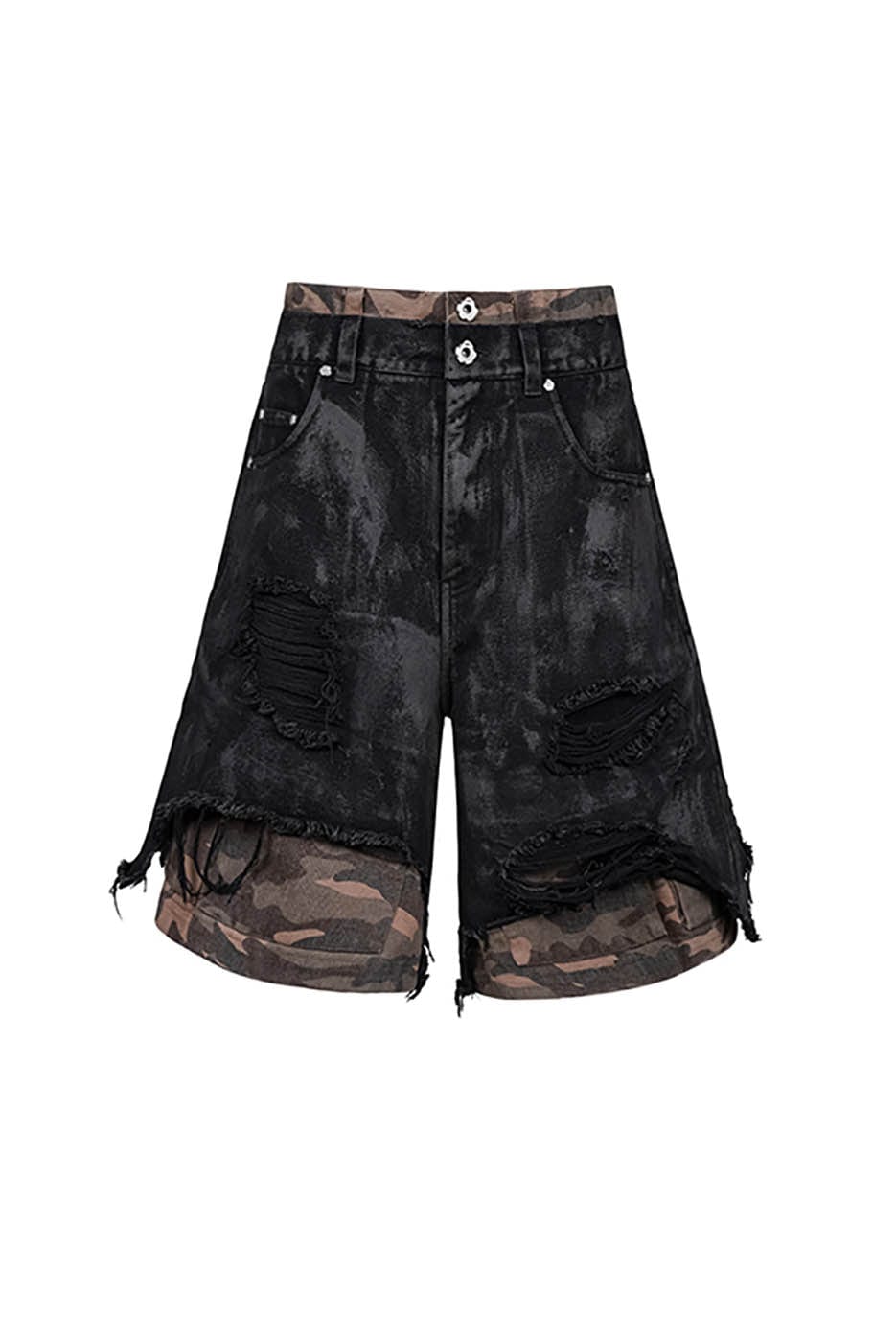 UNDERWATER Double-Layered Ripped Camo Shorts Black