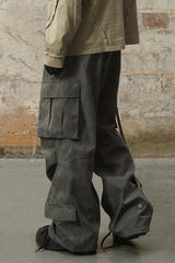RELABEL Mini Checker Multi-Pocket Strap Pleated Cargo Pants Dark Gray