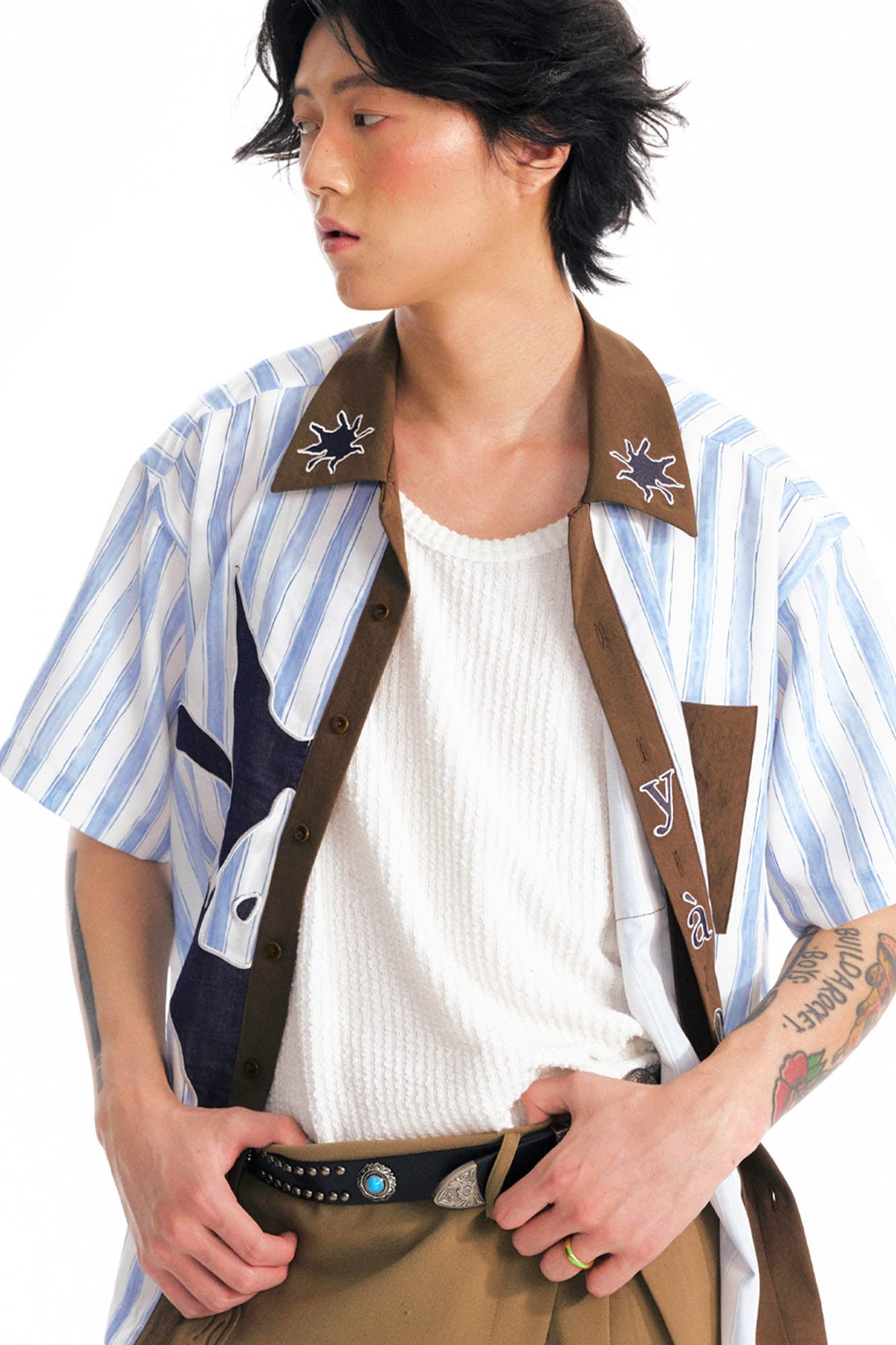 1997 POSTOFFICE Striped Panel Contrast Half Shirt